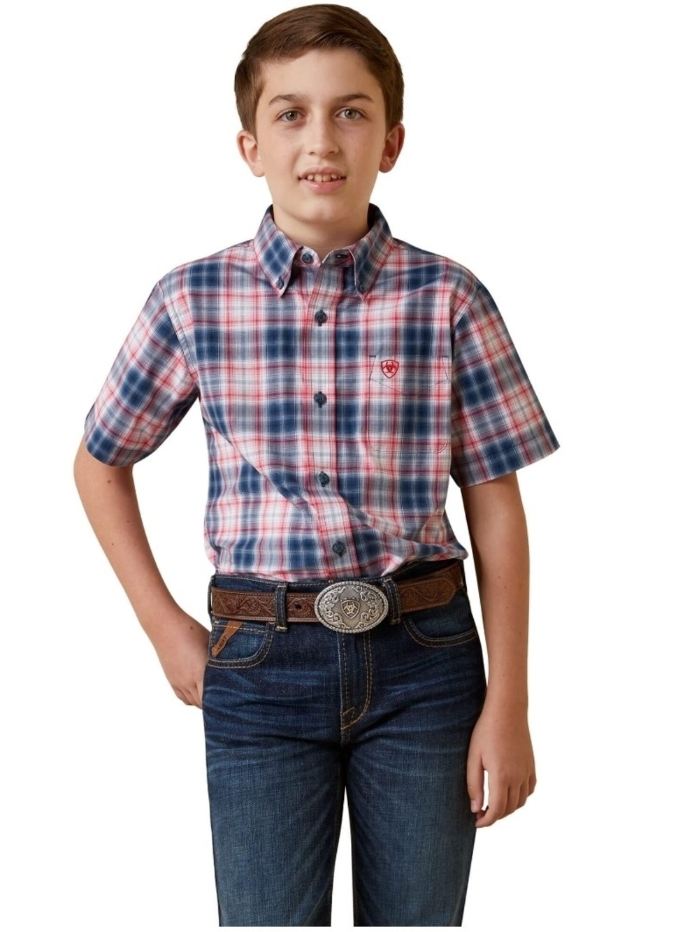 Ariat Pro Series Boys Plaid Short Sleeve Button-Up western Shirt M